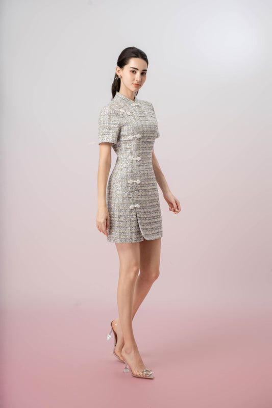 Jaimie Silver Sequin Cheongsam Dress - Nimisski