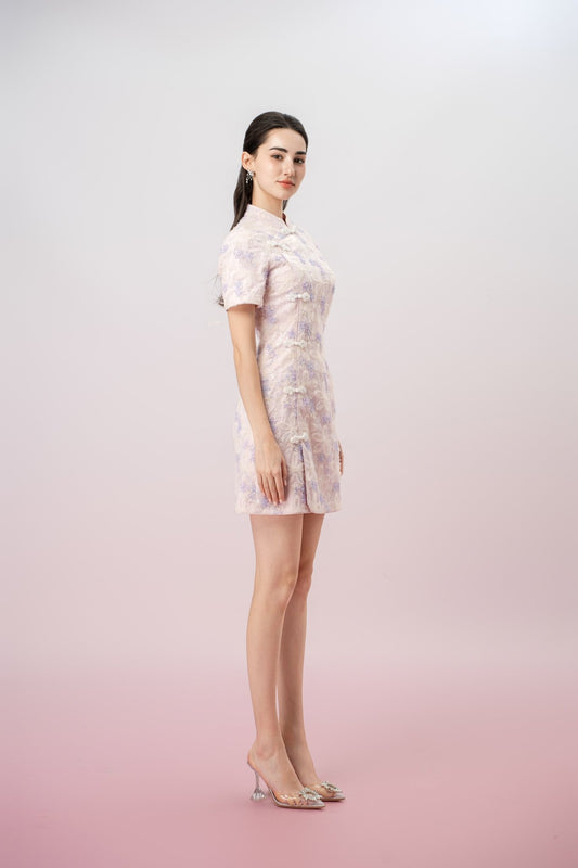 Jaimie Lilac Mesh Flower Cheongsam Dress - Nimisski