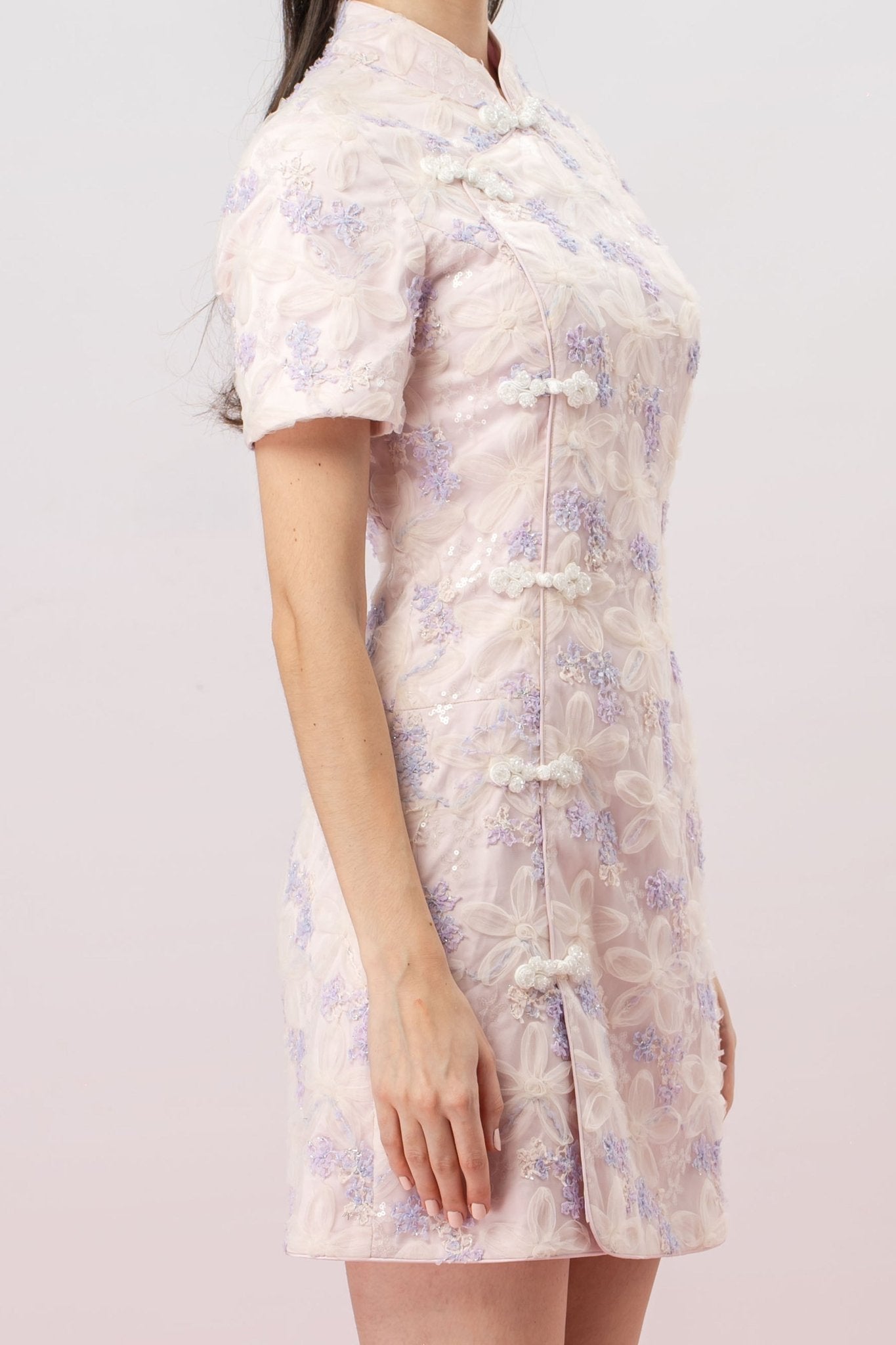 Jaimie Lilac Mesh Flower Cheongsam Dress - Nimisski