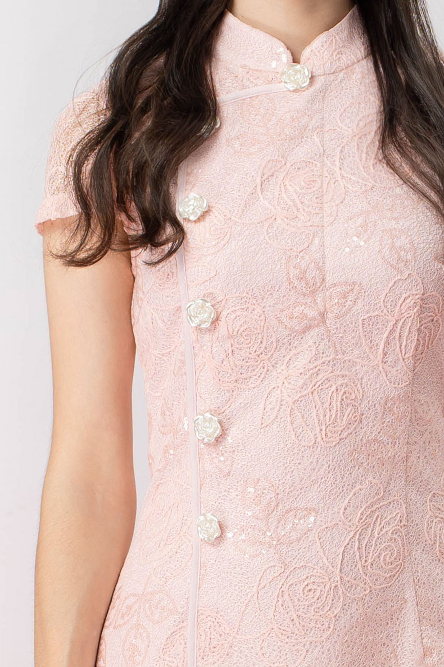 Jackalinne Pink Rose Lace Cheongsam Dress