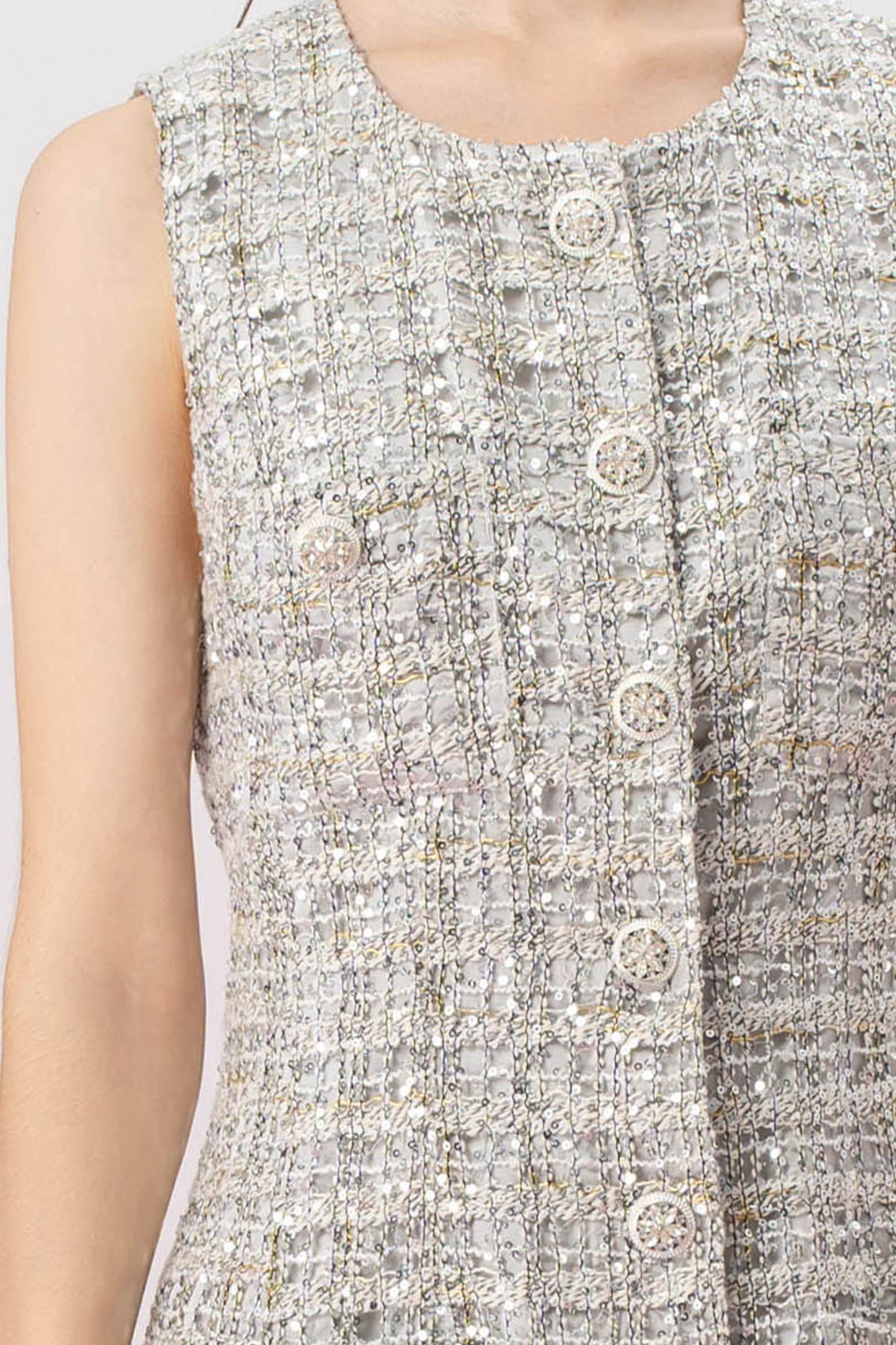 Greeta Silver Sequin White Tweed Button Dress