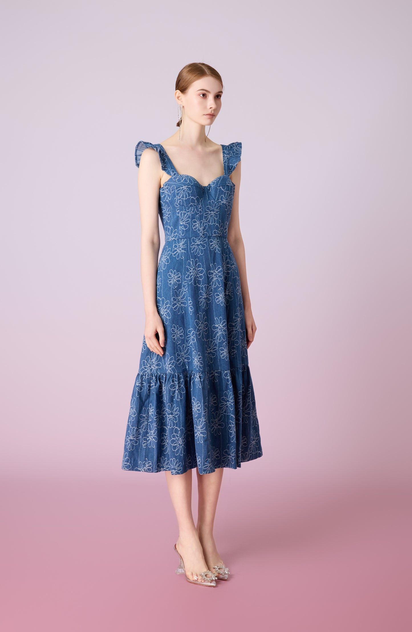 Jacque Blue Denim With Floral Embroidery Dress