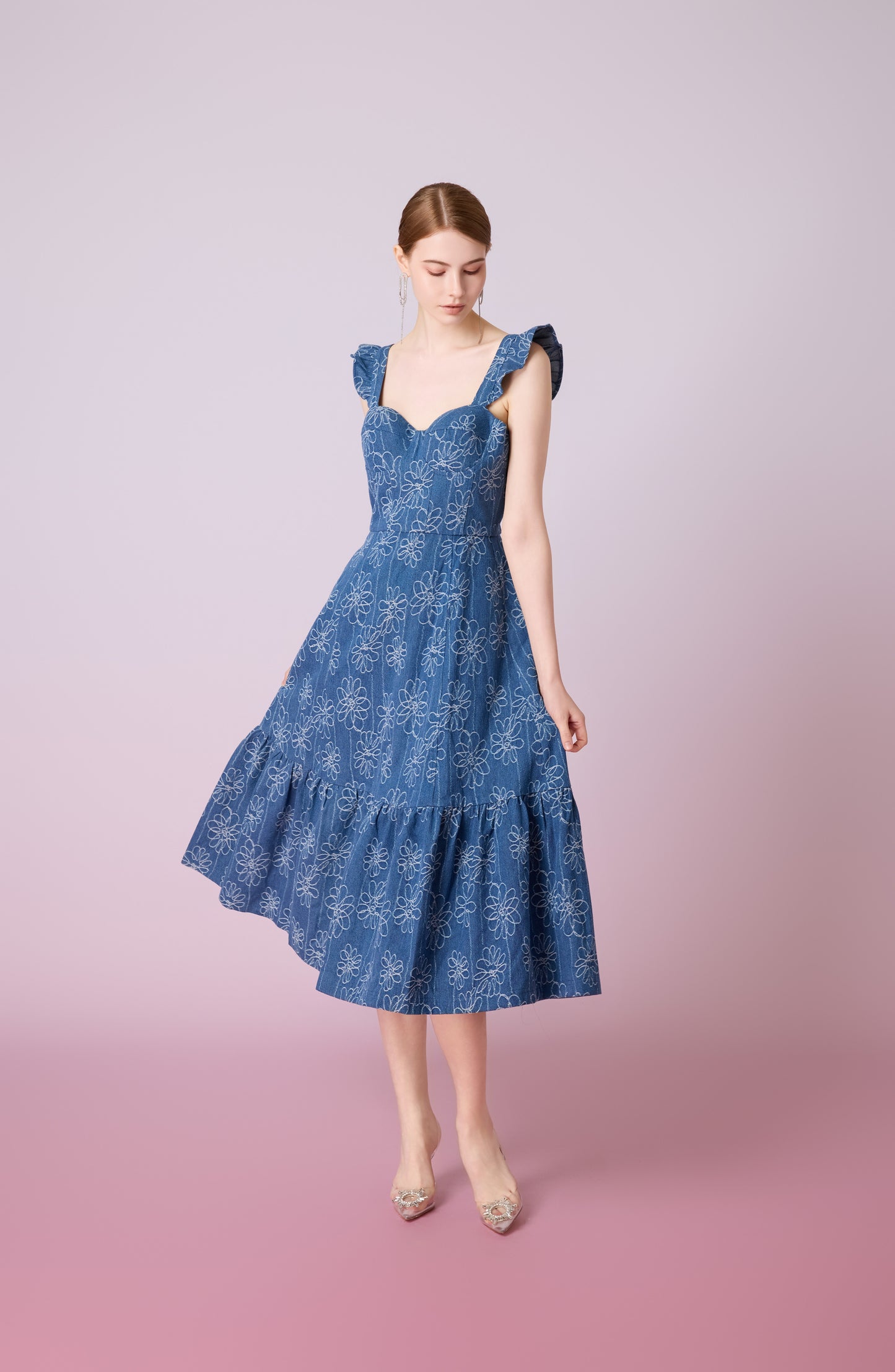 Jacque Blue Denim With Floral Embroidery Dress