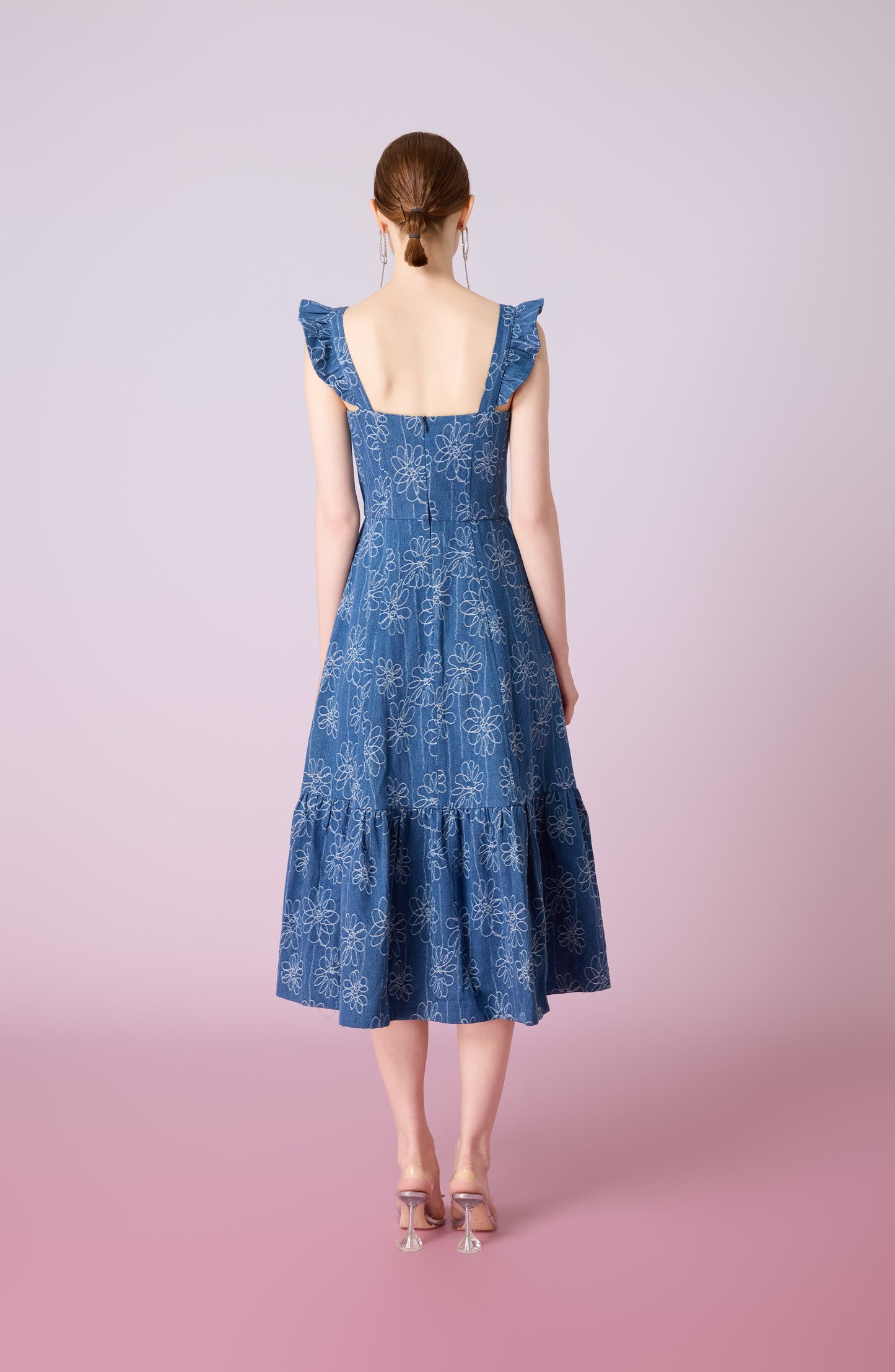 Jacque Blue Denim With Floral Embroidery Dress