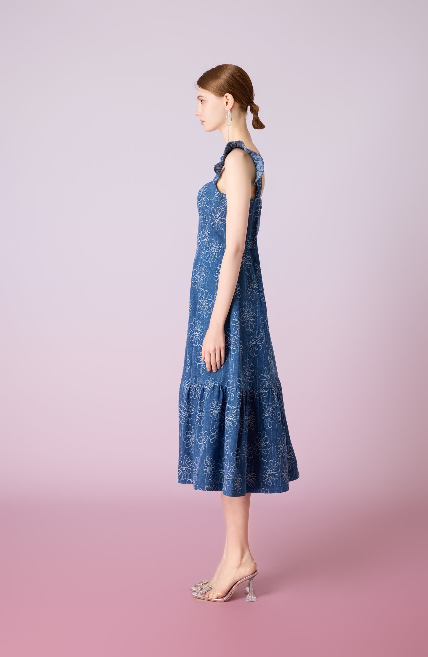 Jacque Blue Denim With Floral Embroidery Dress