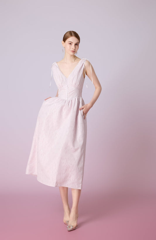 Jacquelle Pink Jacquard V - Neck Waist Dress - Nimisski