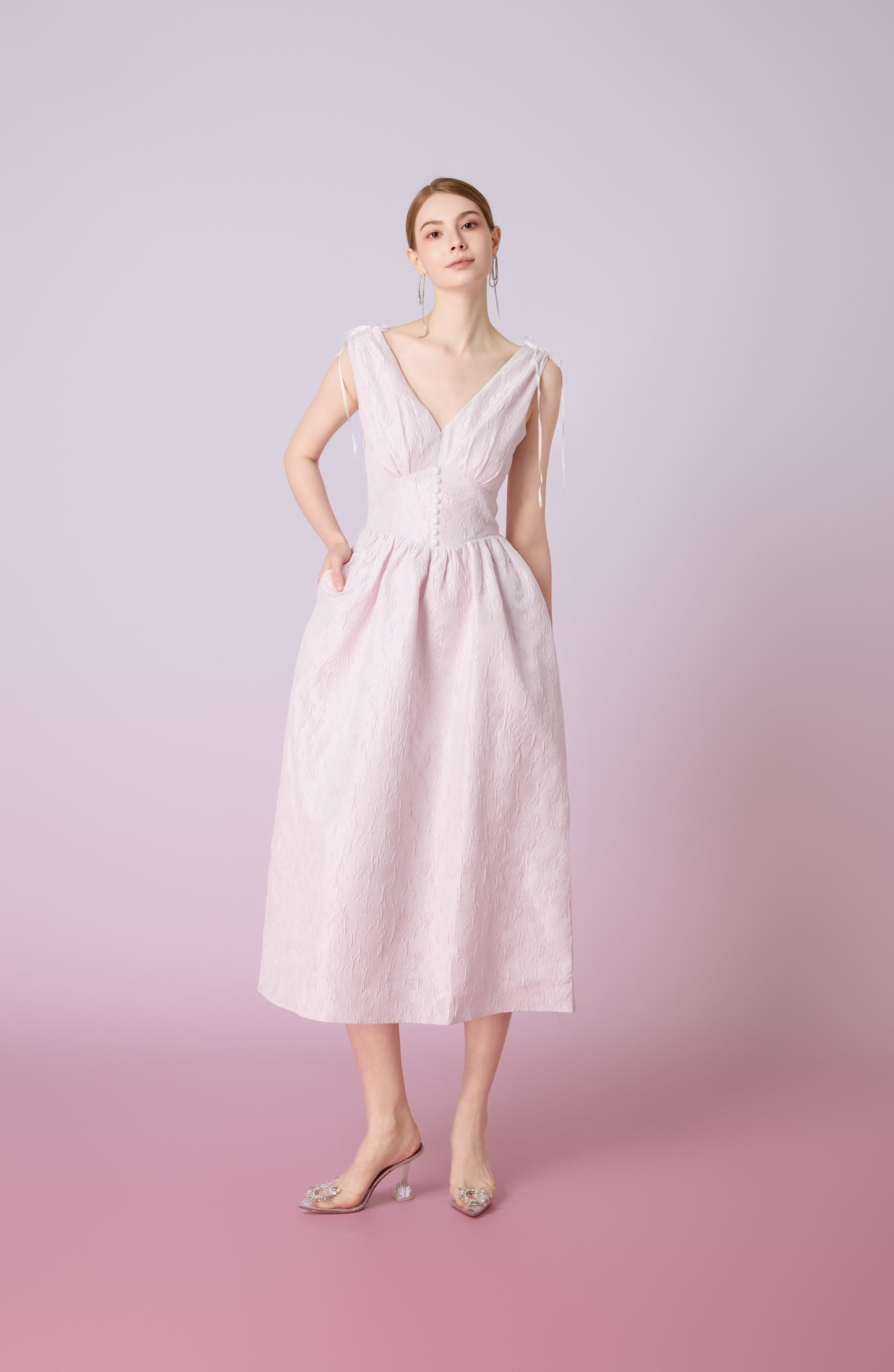 Jacquelle Pink Jacquard V-Neck Waist Dress