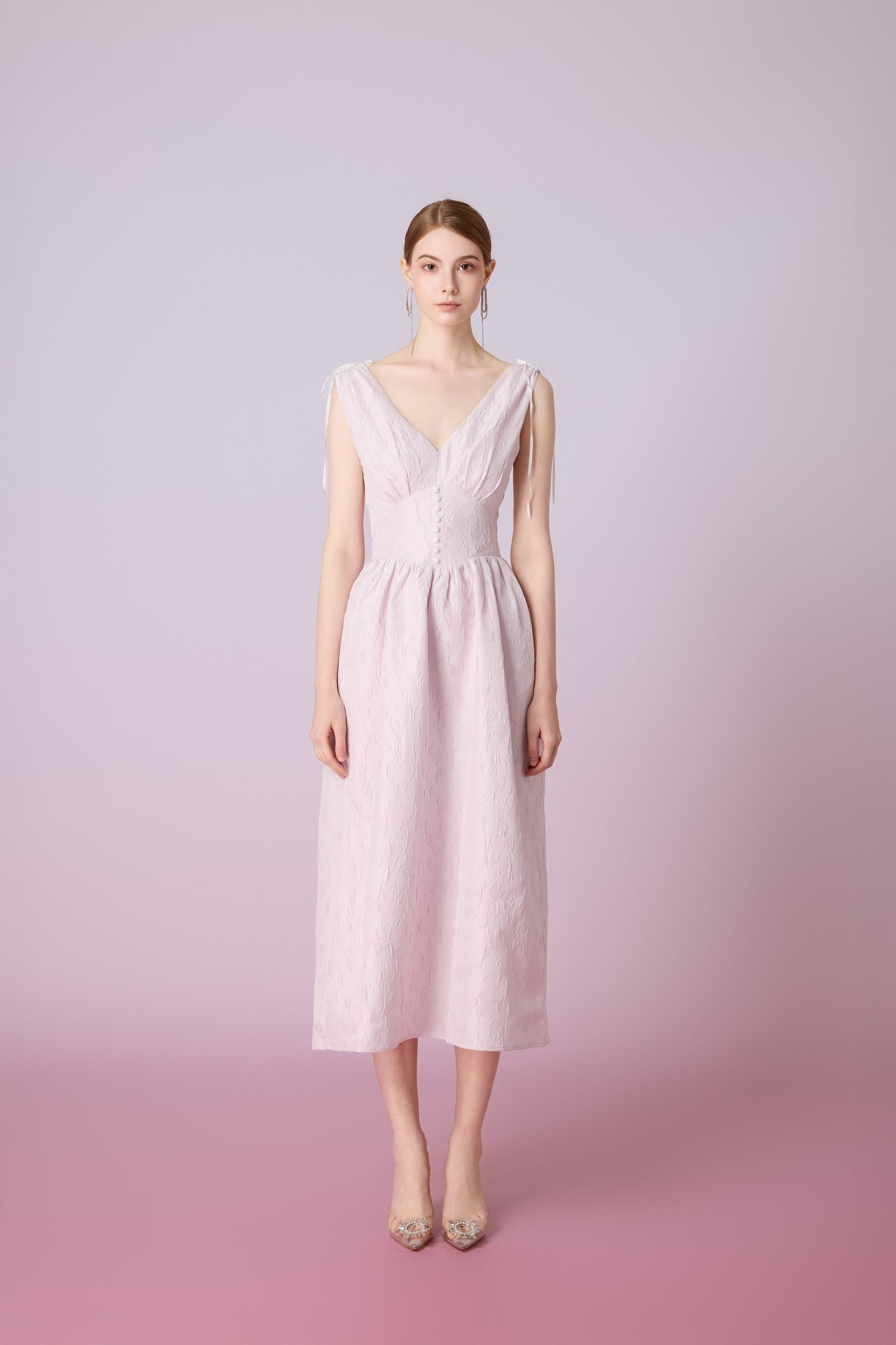 Jacquelle Pink Jacquard V-Neck Waist Dress