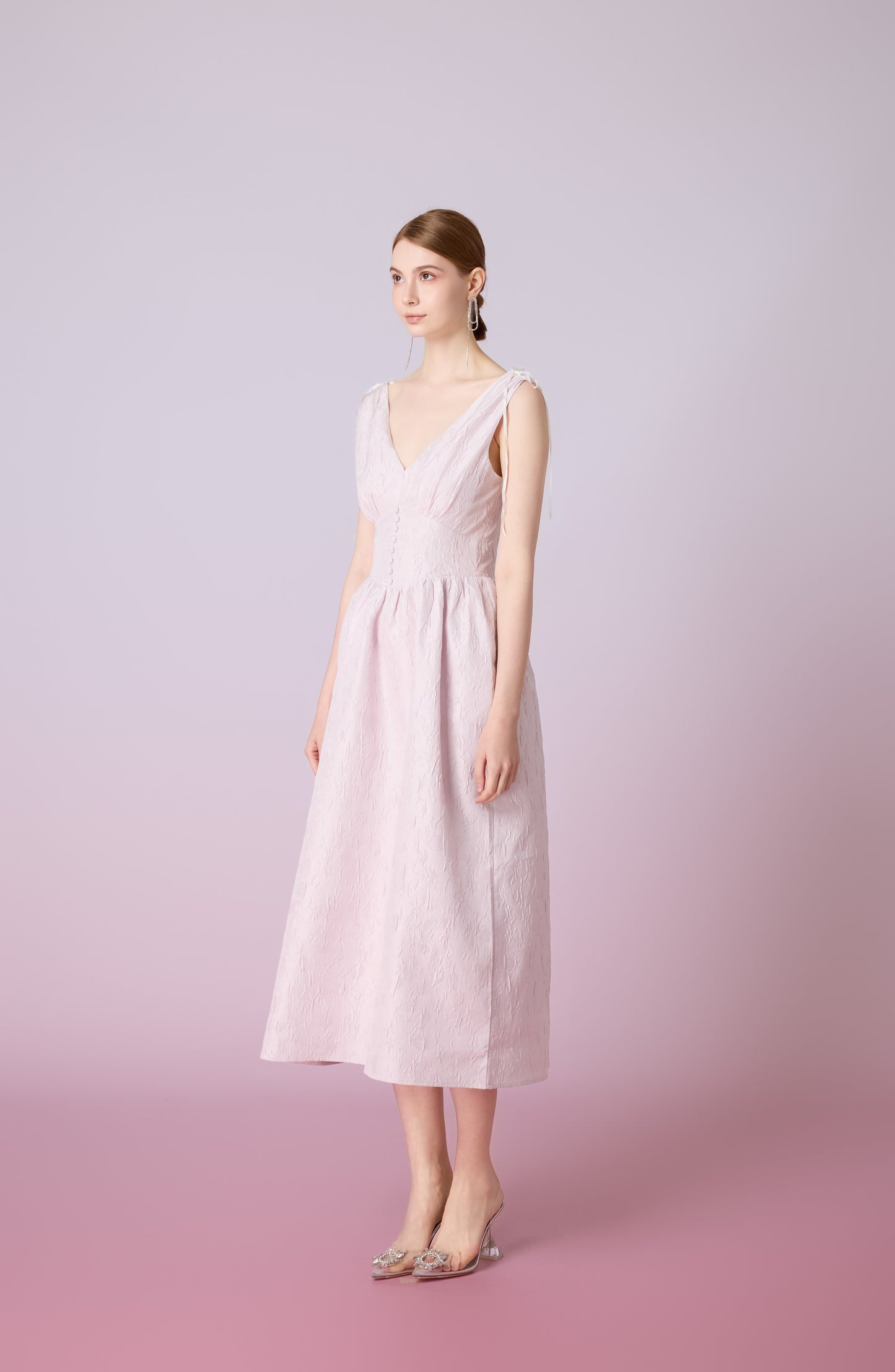 Jacquelle Pink Jacquard V-Neck Waist Dress