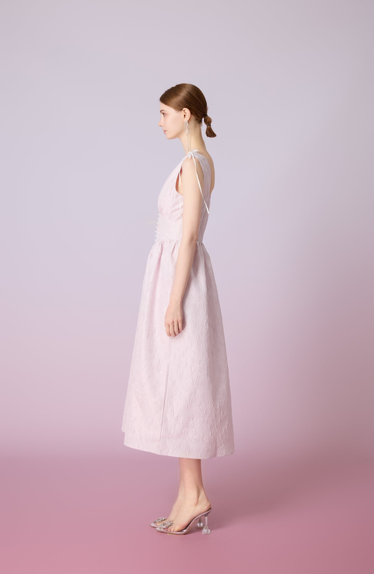 Jacquelle Pink Jacquard V-Neck Waist Dress