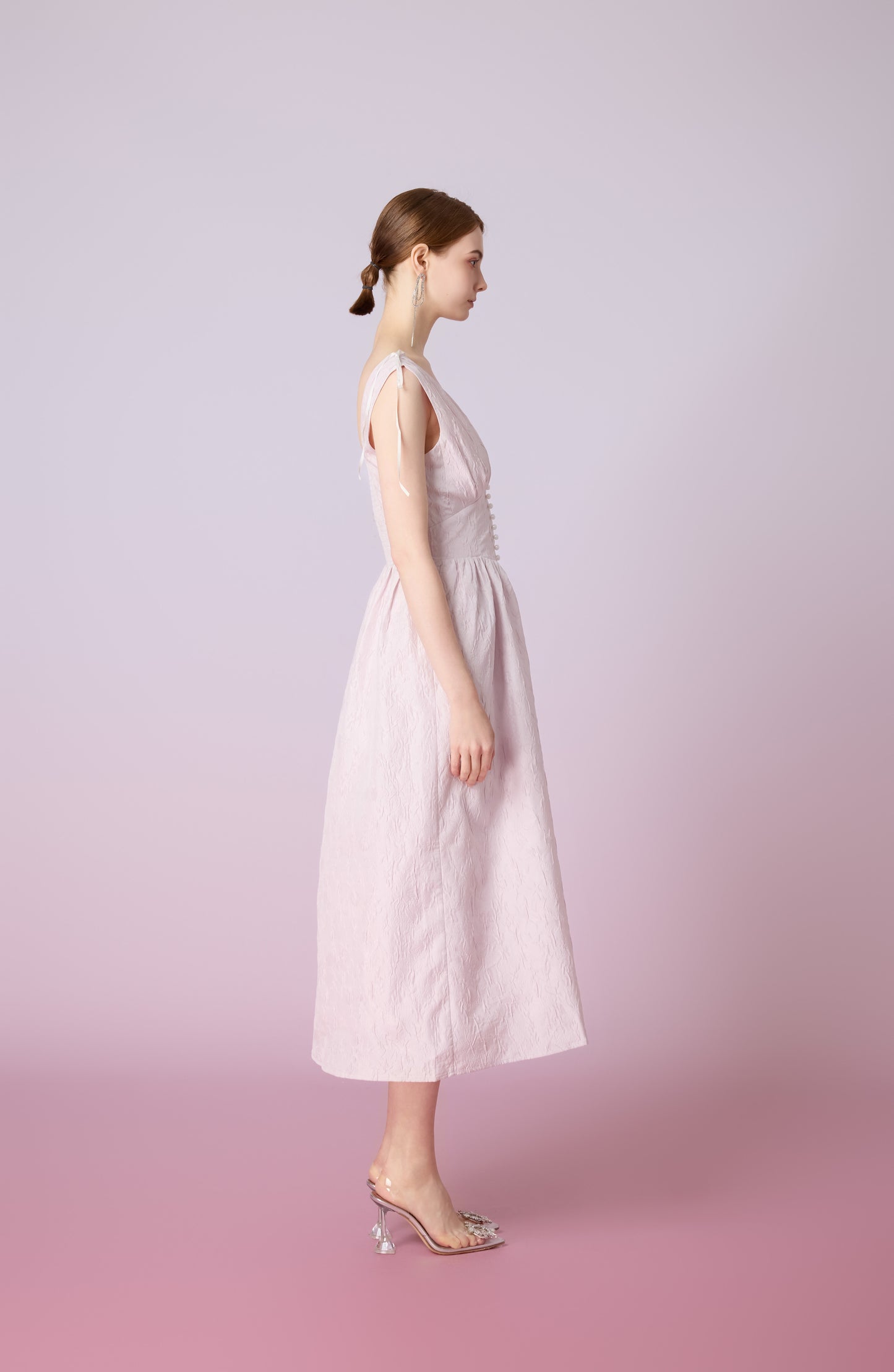 Jacquelle Pink Jacquard V-Neck Waist Dress