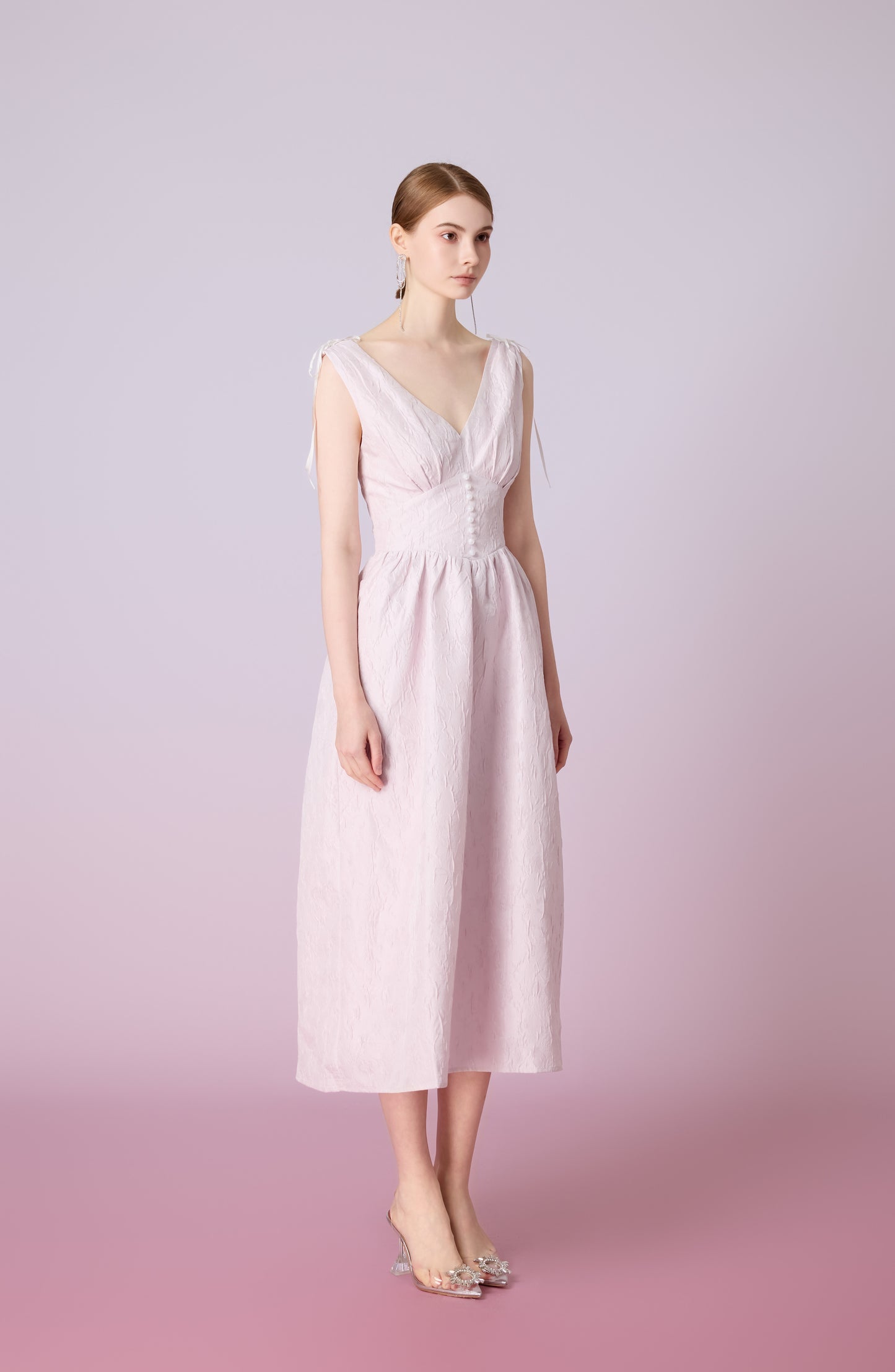 Jacquelle Pink Jacquard V-Neck Waist Dress
