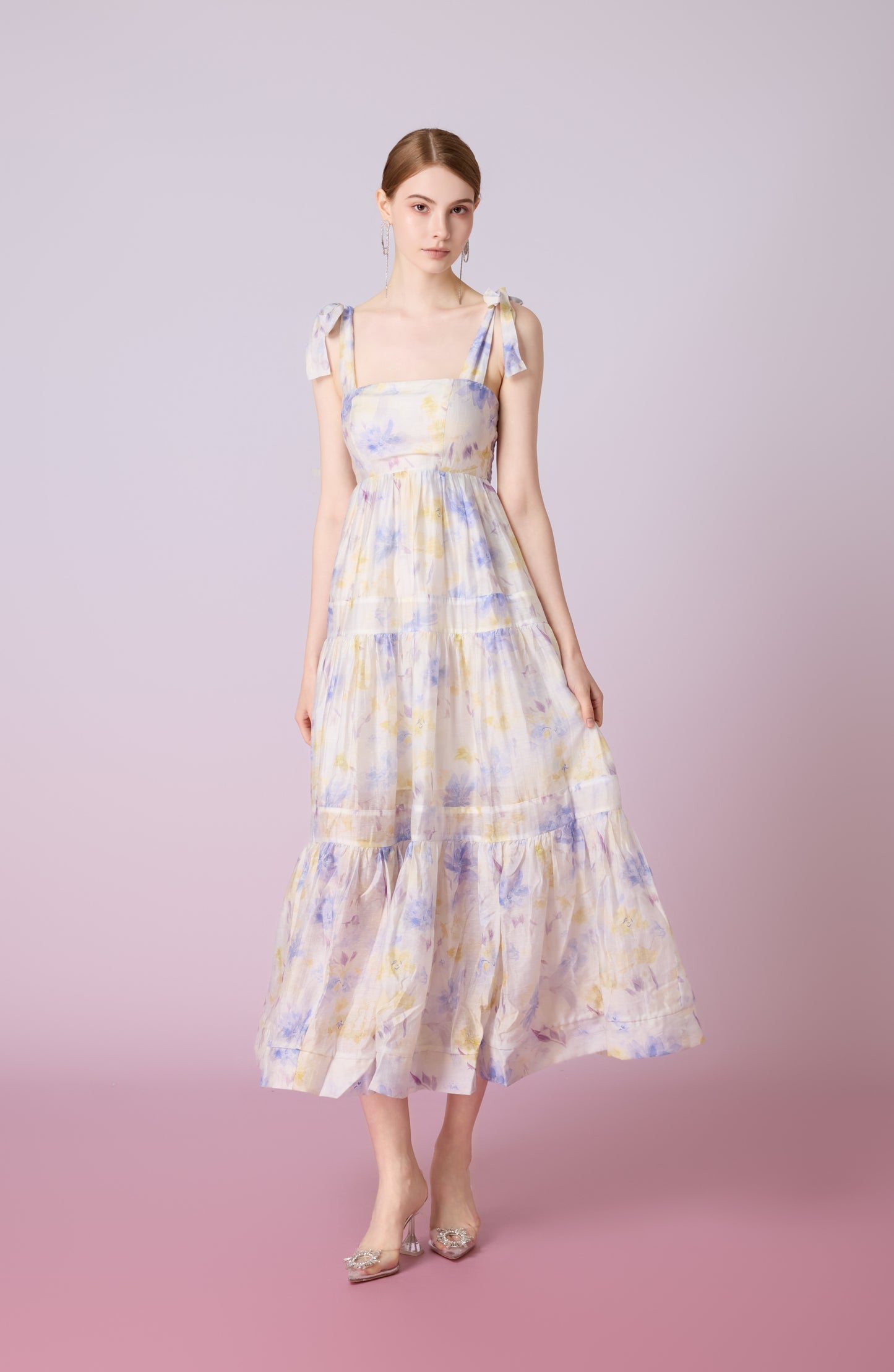 Edie White With Blue Print Long Dress