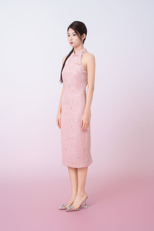 Gavraila Pink Tweed With Embellishments Cheongsam Dress