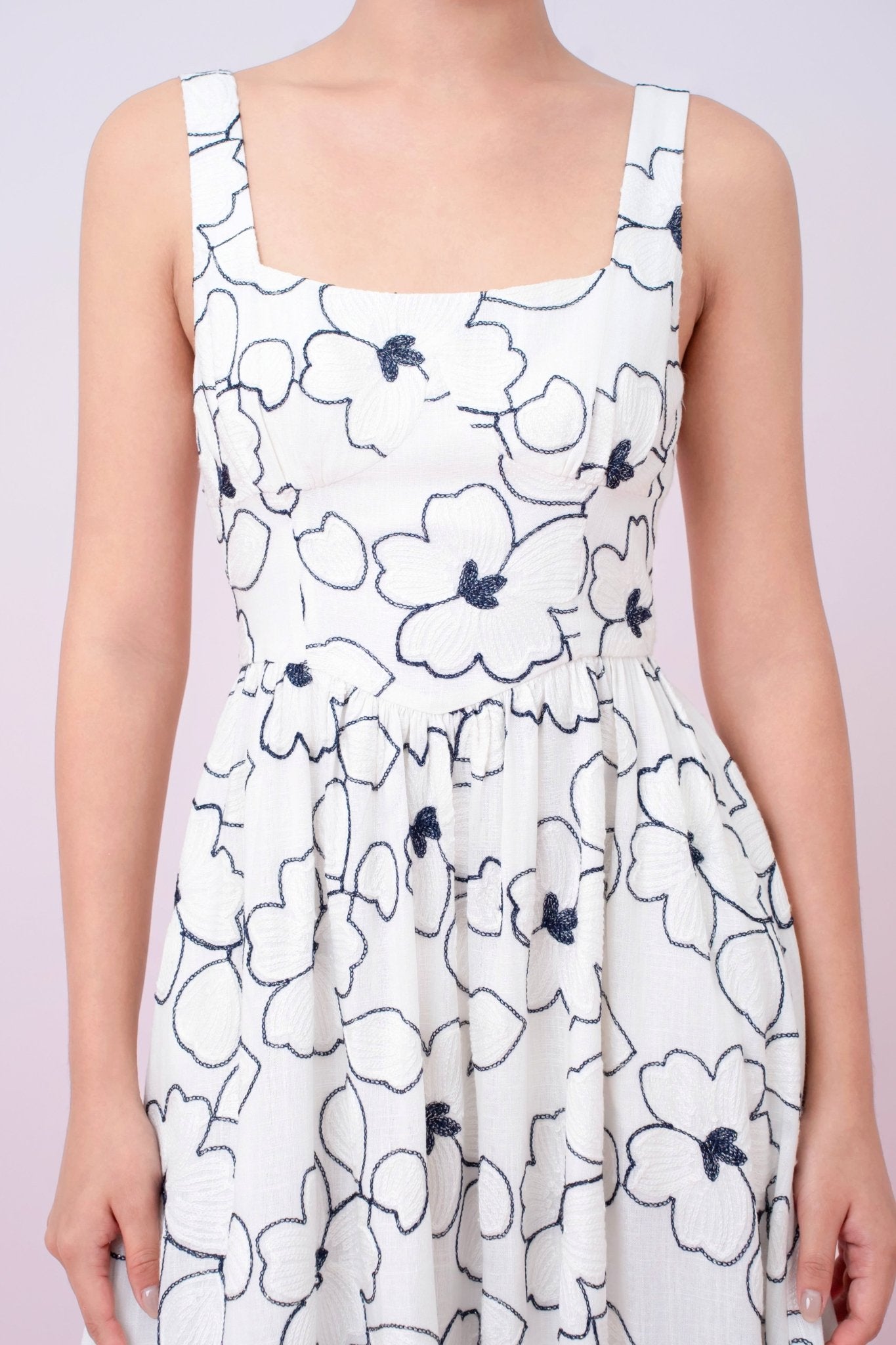 Joli Floral Embroidery In White Square Neck A - Line Dress - Nimisski