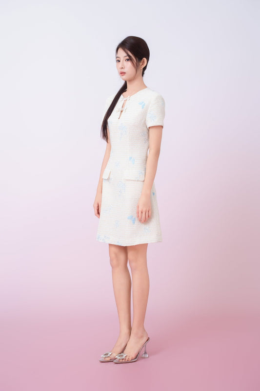 Kori Cream Tweed With Butterfly Embroidery Mini Cheongsam Dress - Nimisski