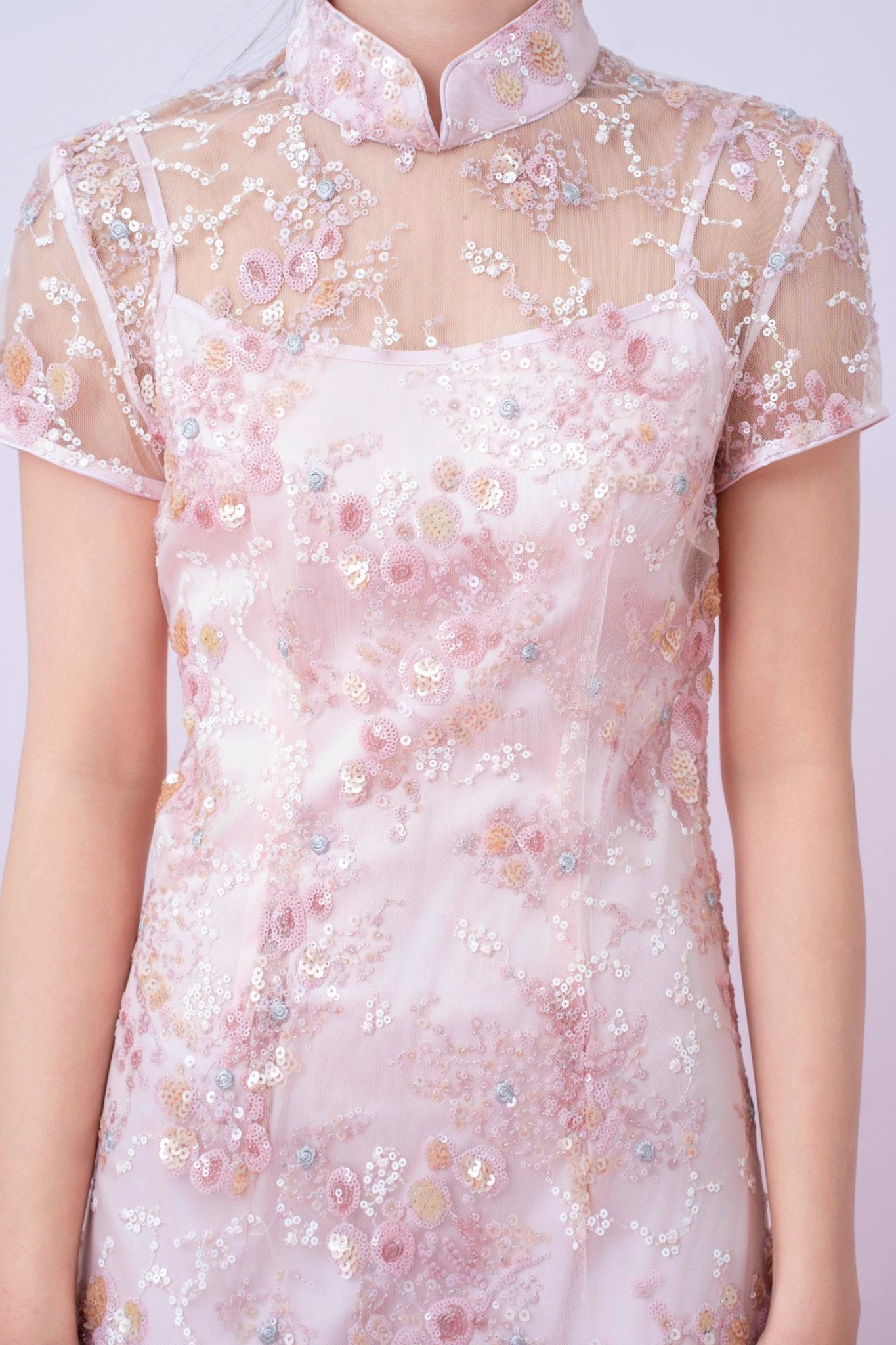 Kimber Light Pink Floral Sequins Cheongsam Dress - Nimisski