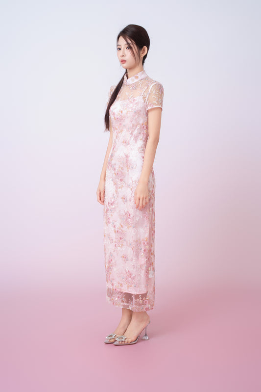 Kimber Light Pink Floral Sequins Cheongsam Dress