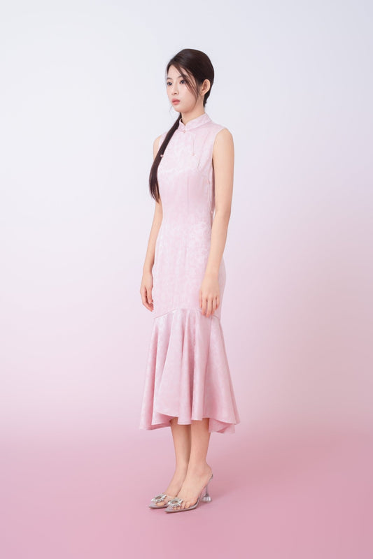 Kynlee Pink Jacquard Mandarin Collar Mermaid Cheongsam Dress - Nimisski
