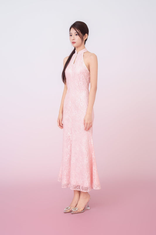Kamille Blush Pink Floral Lace Halter Neck Cheongsam Dress - Nimisski