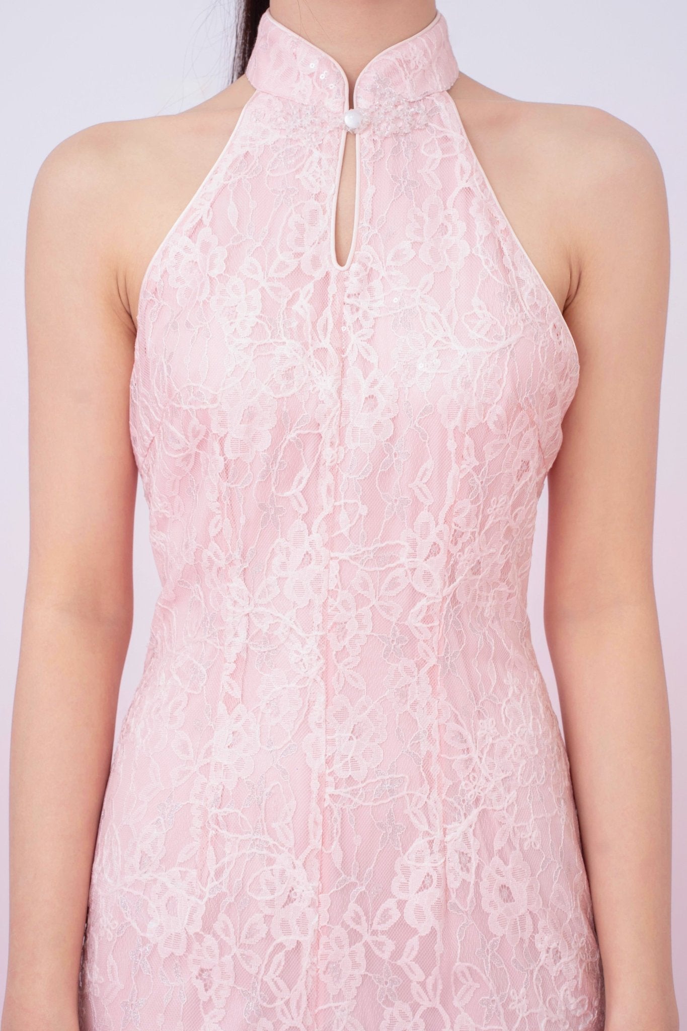 Kamille Blush Pink Floral Lace Halter Neck Cheongsam Dress - Nimisski