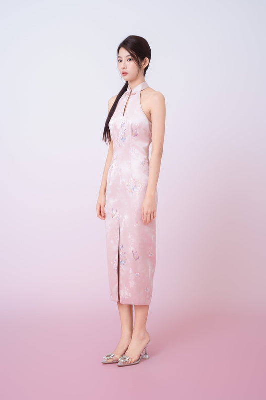 Kaliyah Pink Jacquard With Front Slit Halter Neck Cheongsam Dress - Nimisski