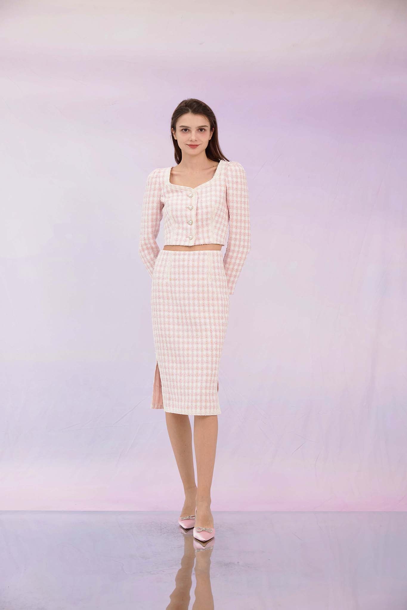 Gennie Pink Tweed Midi Skirt
