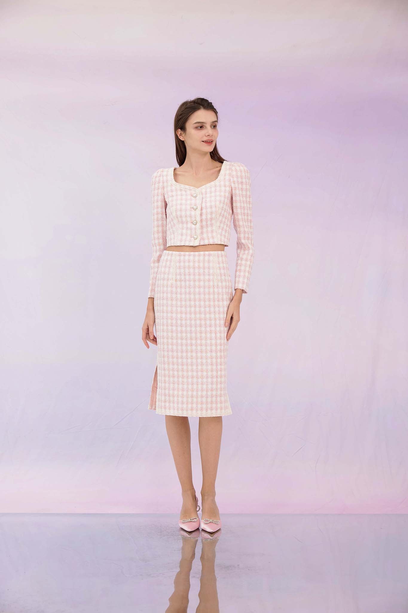 Gennie Pink Tweed Midi Skirt