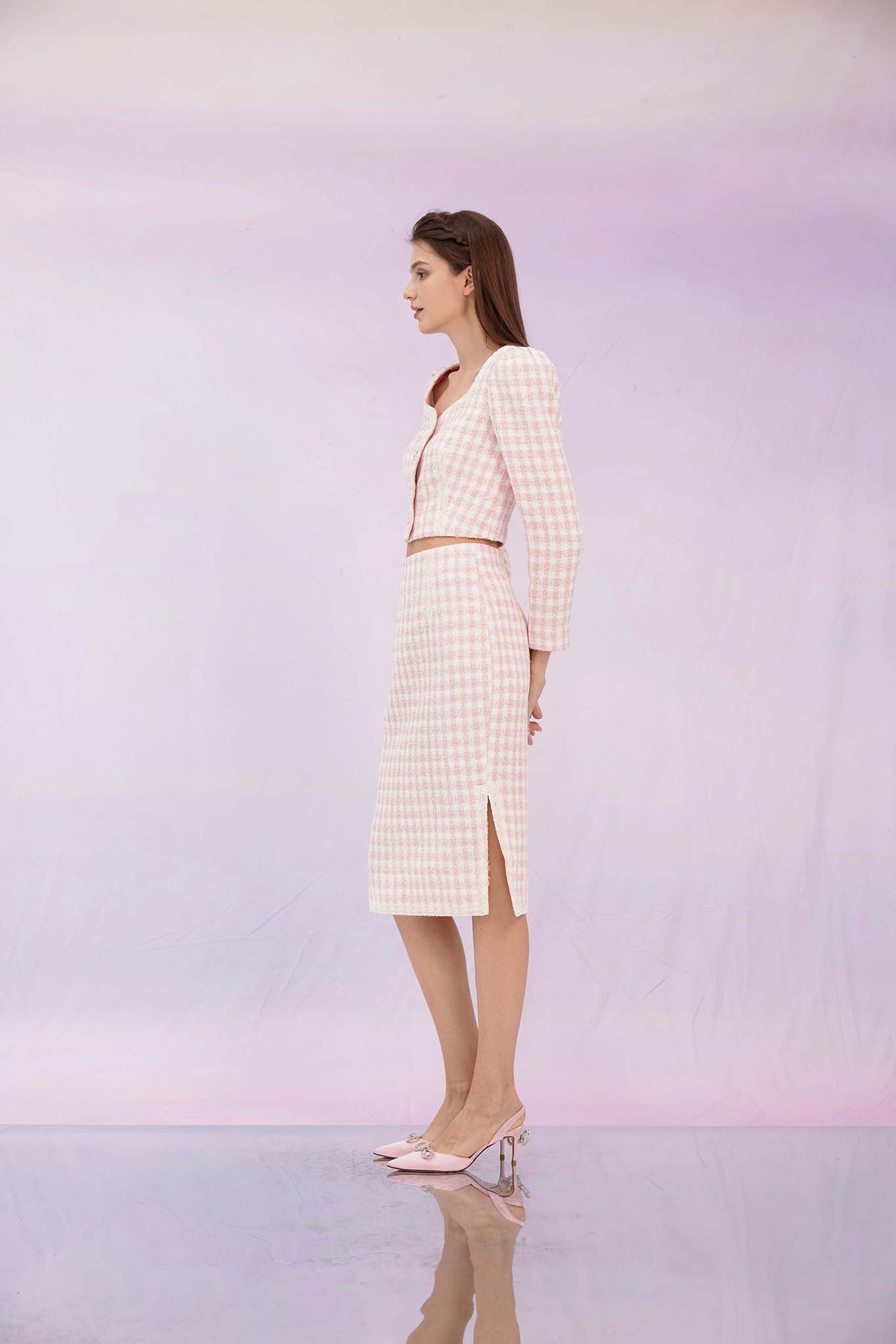 Gennie Pink Tweed Midi Skirt