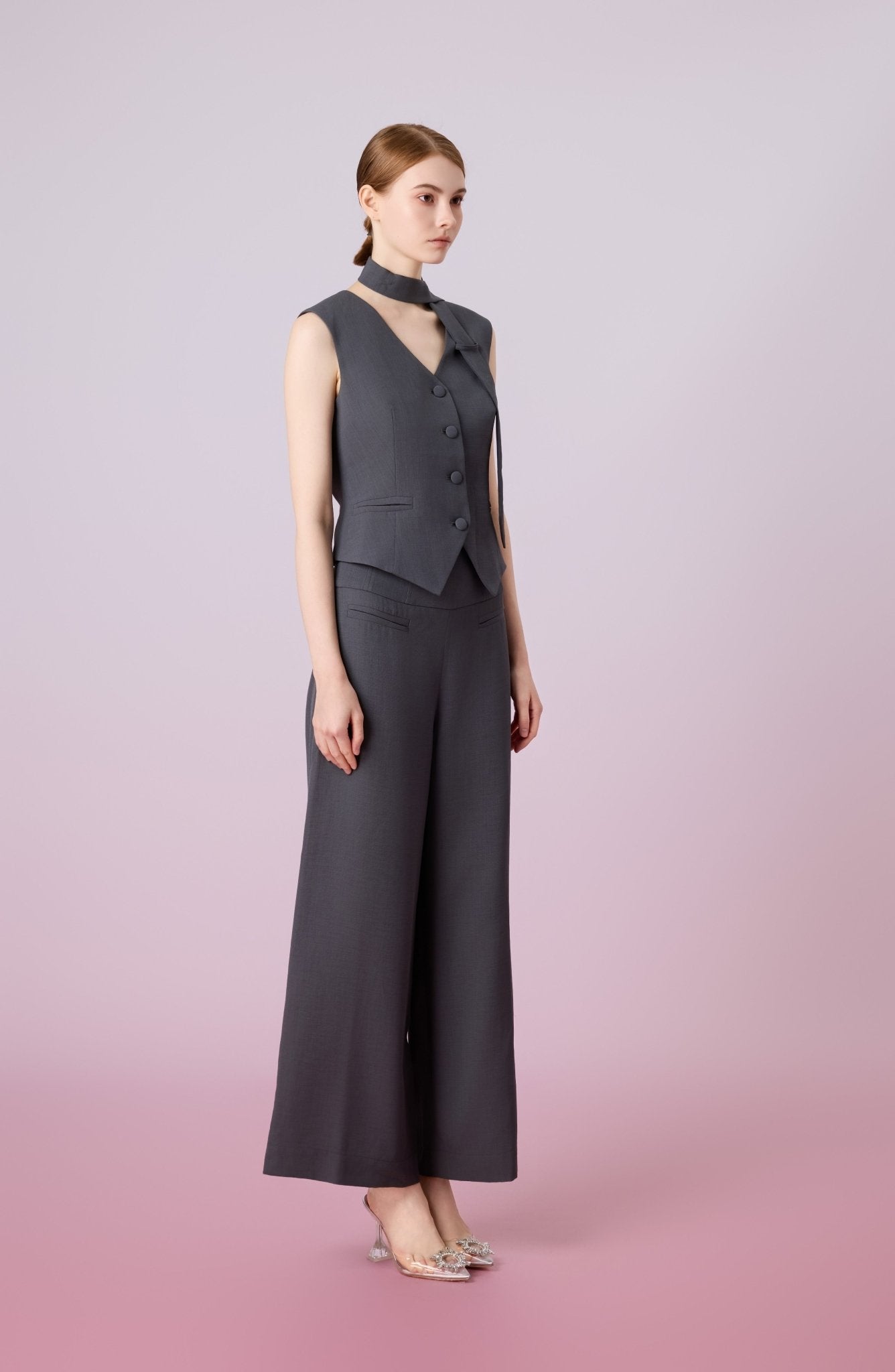 Janevra Dark Grey High Waist Wide Pants - Nimisski