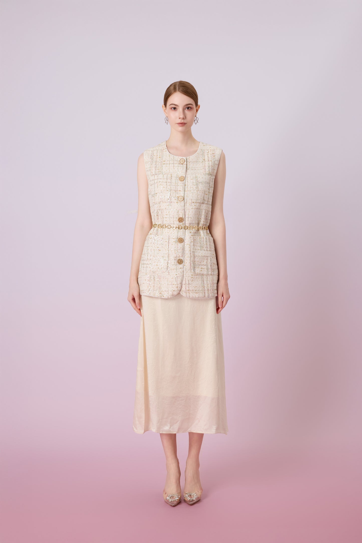 Jacklynne Beige Sequins Tweed Vest Top