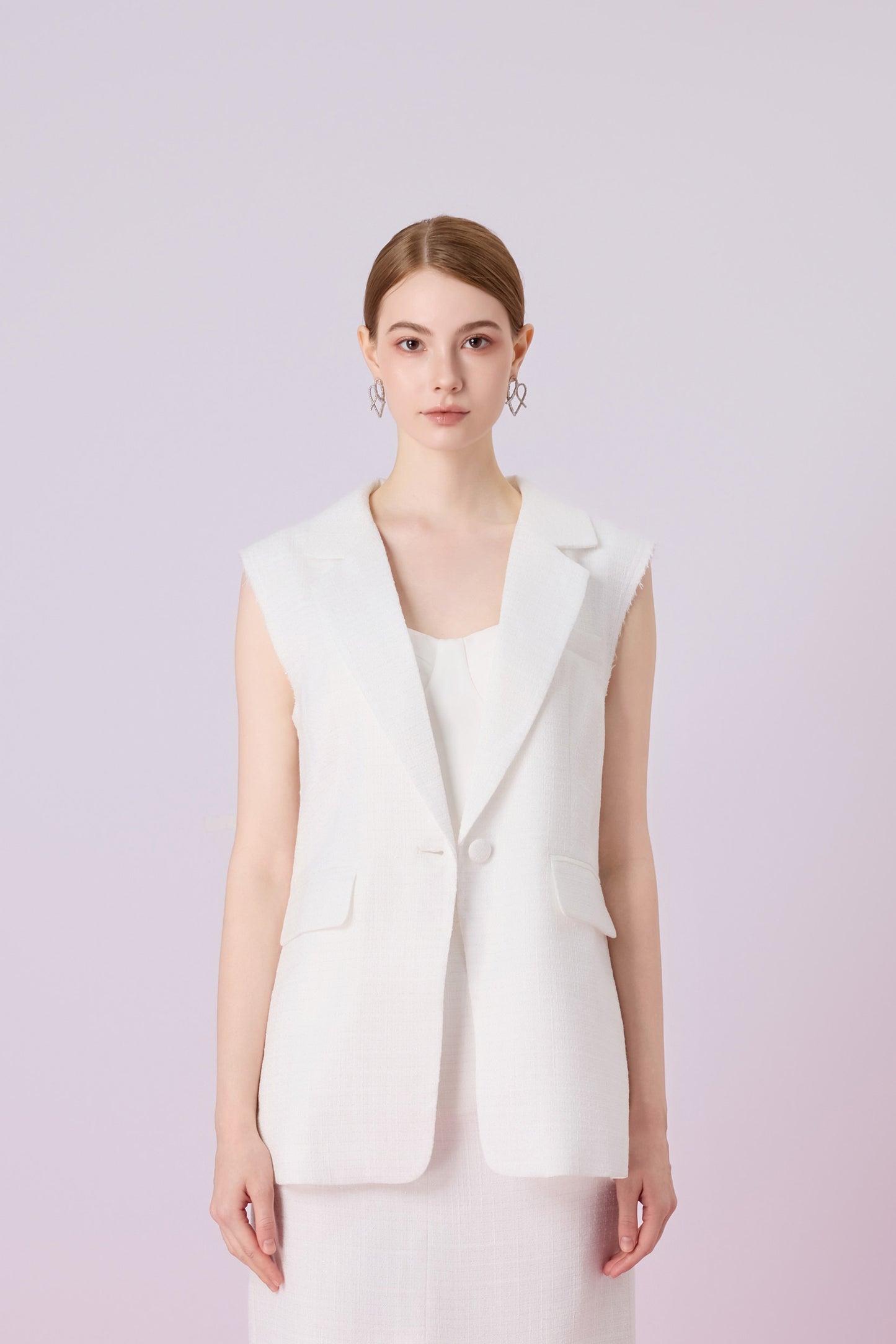 Jacqlyn White Tweed Sleeveless Blazer