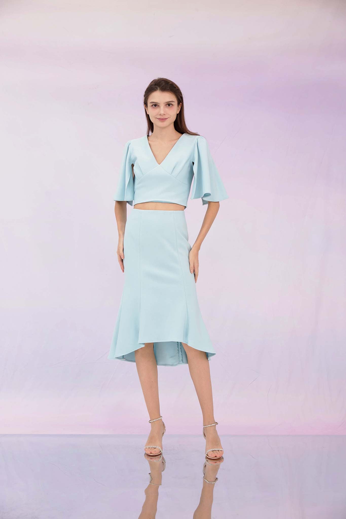 Glenne Blue High-Low Midi Skirt