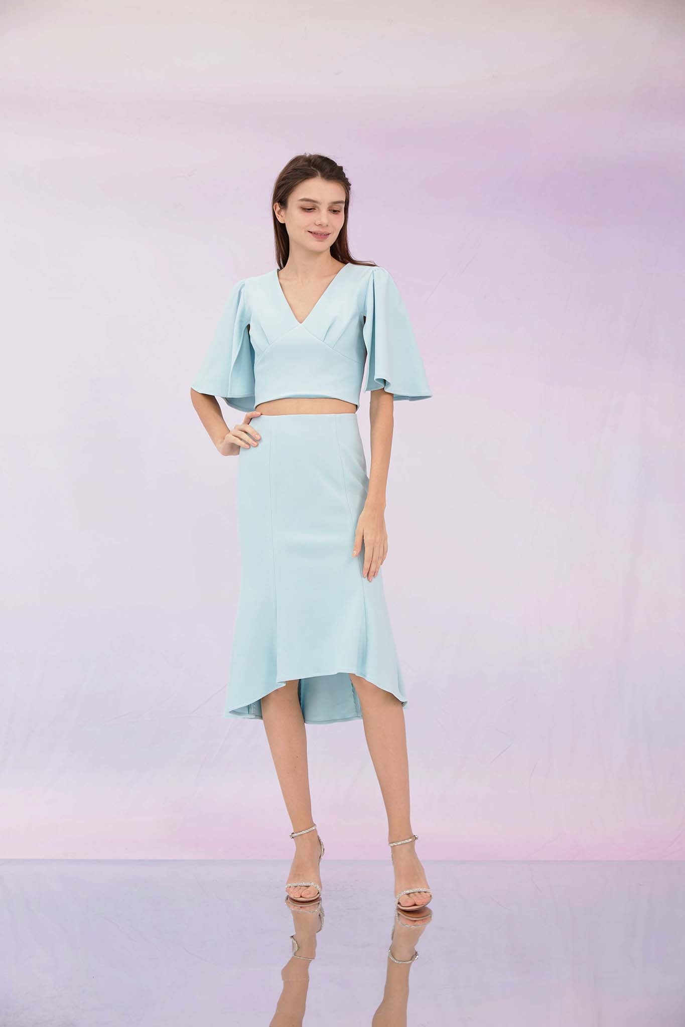 Glenne Blue High-Low Midi Skirt