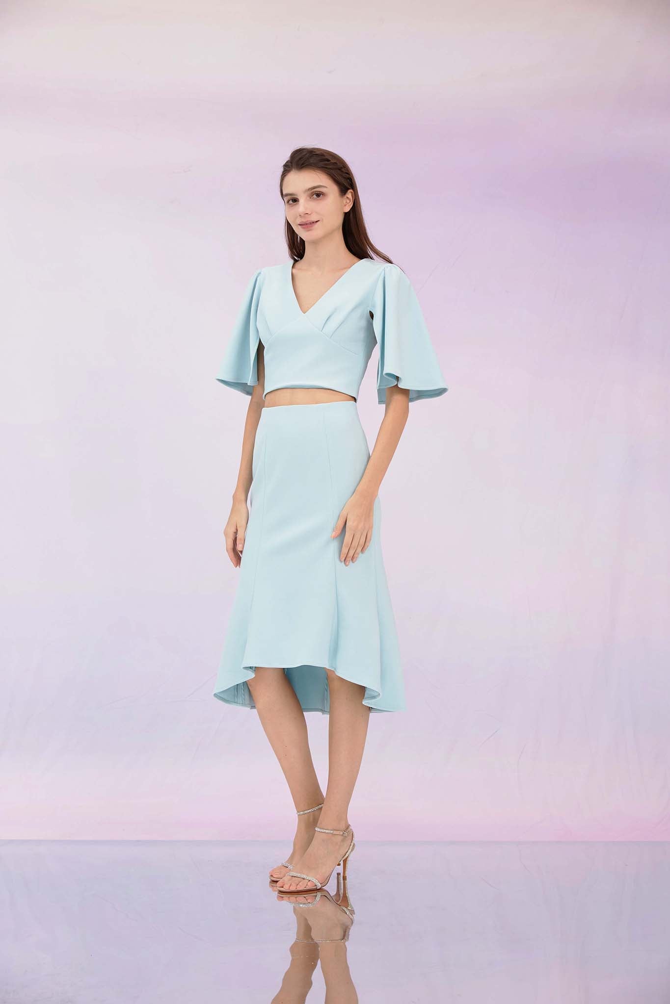 Glenne Blue Flare Sleeve Top