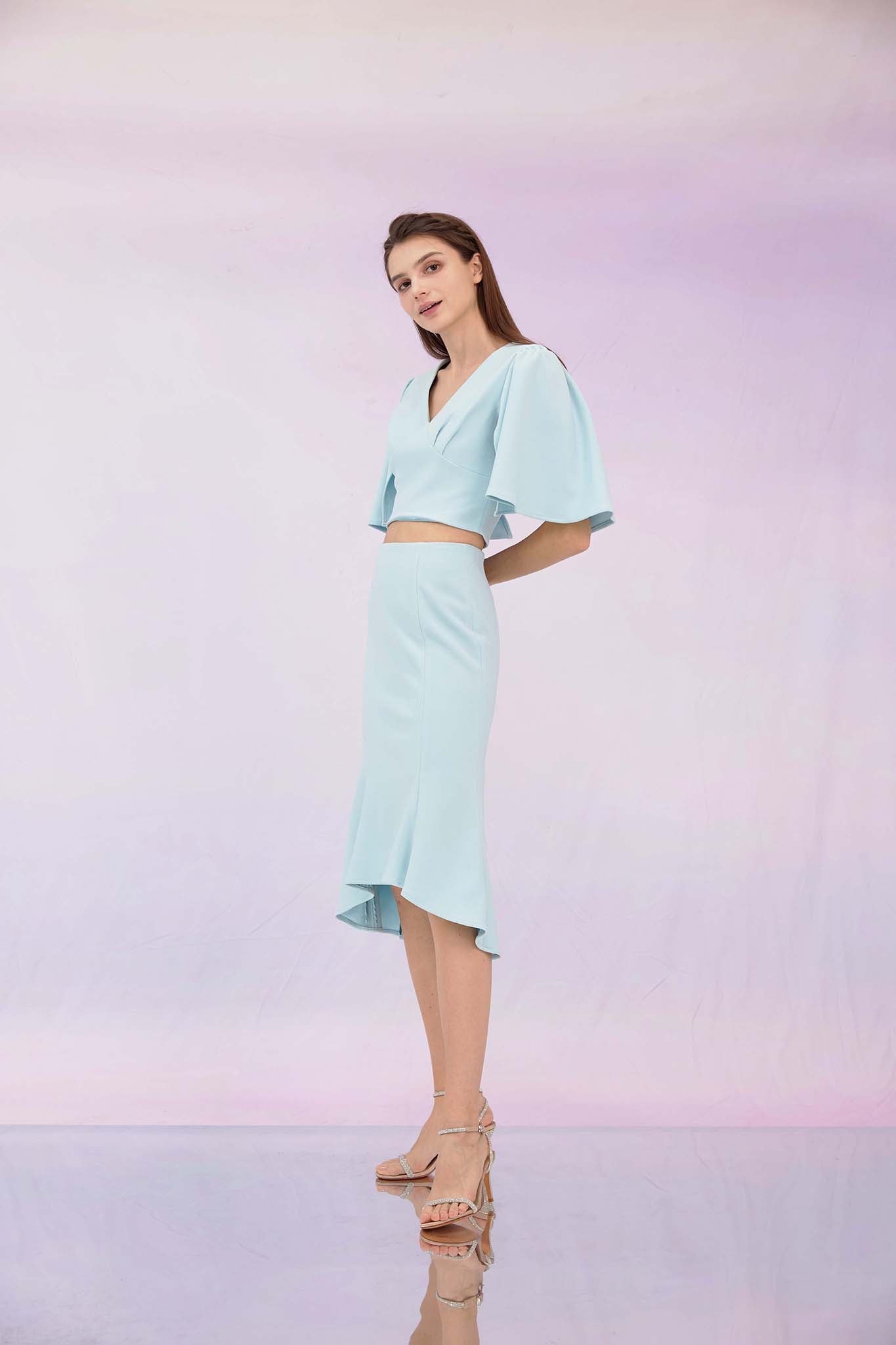 Glenne Blue High-Low Midi Skirt