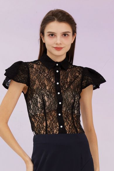 Garima Black Lace Button Top