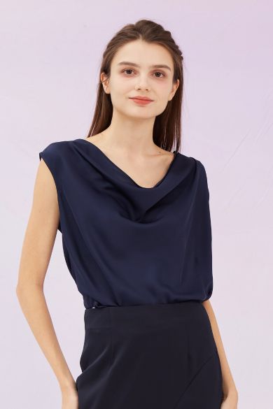 Galina Navy Cowl Neck Top