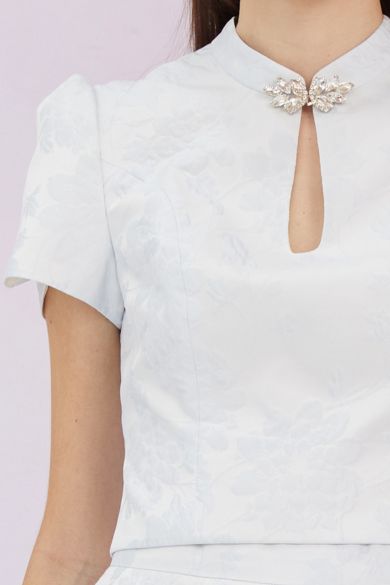 Gwenda Blue Jacquard Mandarin Collar Top - Nimisski