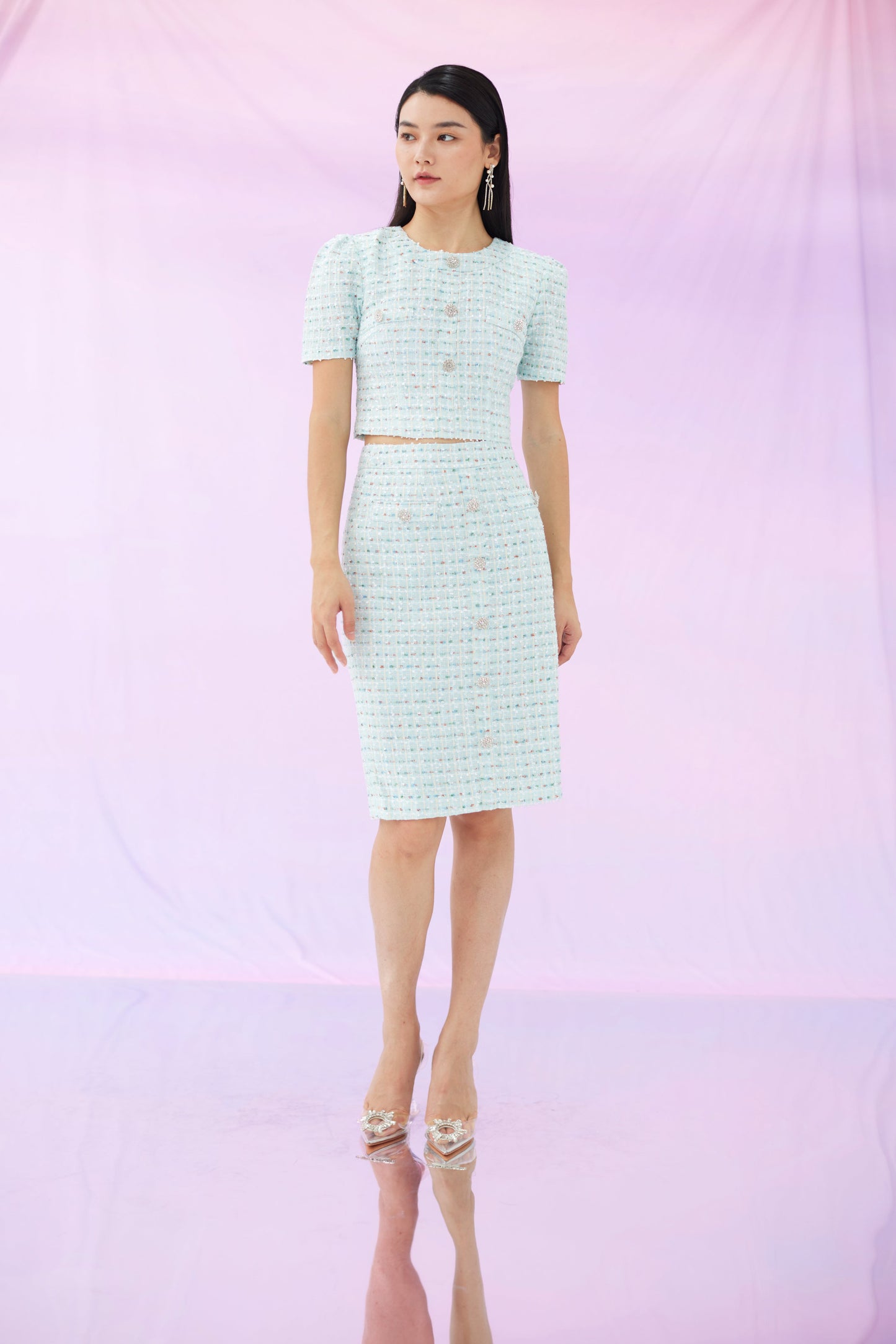 Griselda Blue Tweed Top and Skirt Set