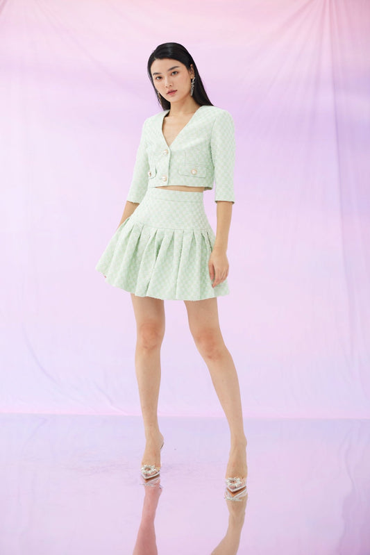 Glennys Green Checkered Tweed Pleated Skirt - Nimisski