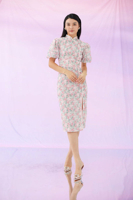 Hilda Pink Lace Midi Cheongsam - Nimisski