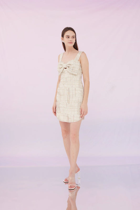 Gabby Beige Sequins Tweed Dress - Nimisski