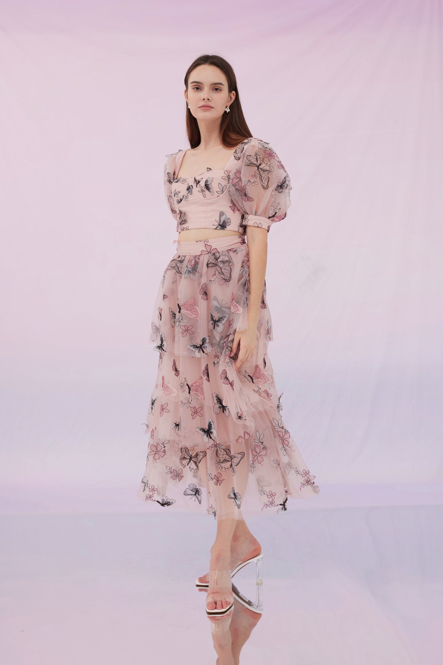 Finnley Pink Butterfly Cropped Top and Skirt