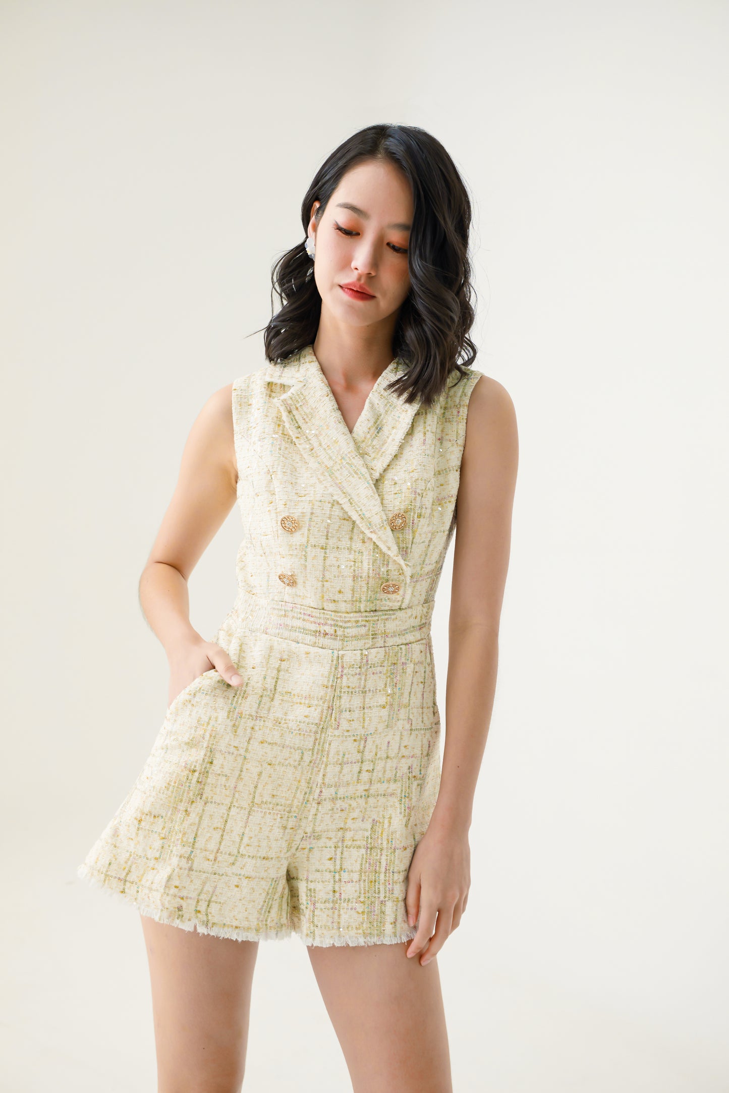 Eris White Sequins Tweed Romper