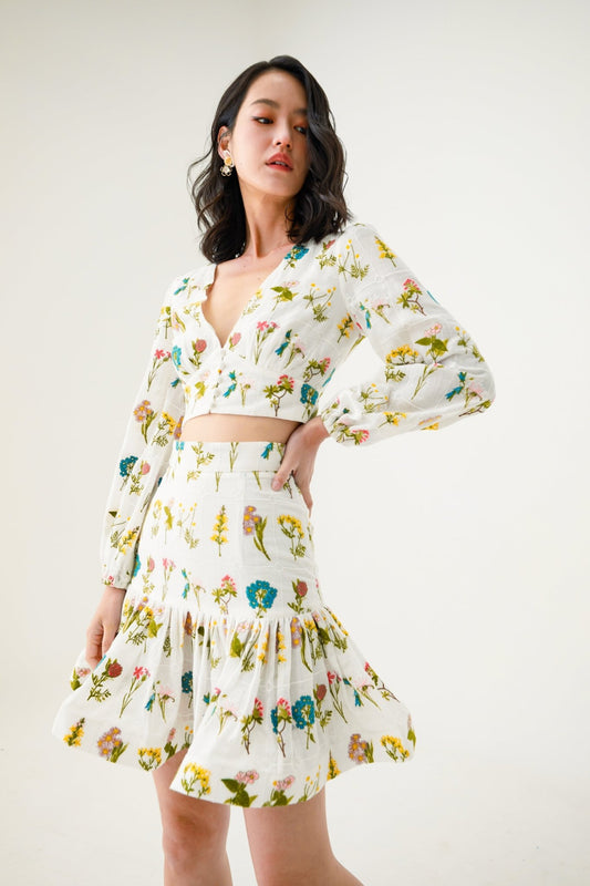 Estela White Floral Embroidery Skirt - Nimisski