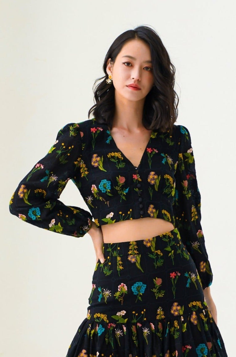 Estela Black Floral Embroidery Top