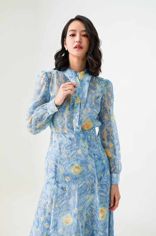 Hope Blue Chiffon Printed Abstract Skirt - Nimisski