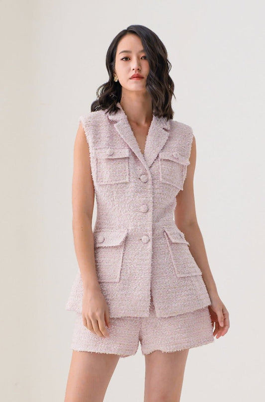 Emelyn Light Pink Tweed Blazer and Shorts - Nimisski