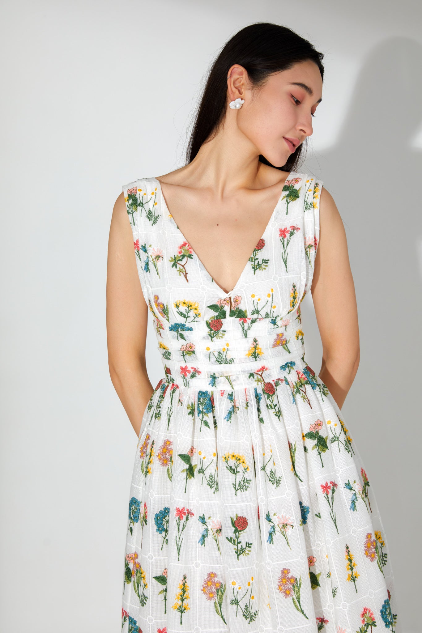 Fiona Floral Embroidery V Neck Midi Dress